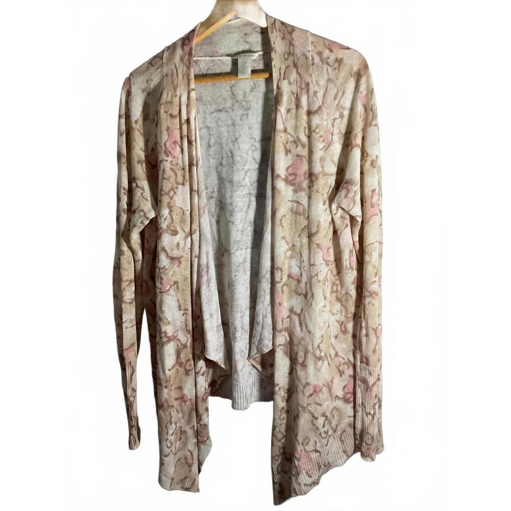 White and Warren Linen Animal Print Open Front Cardigan Sweater Large